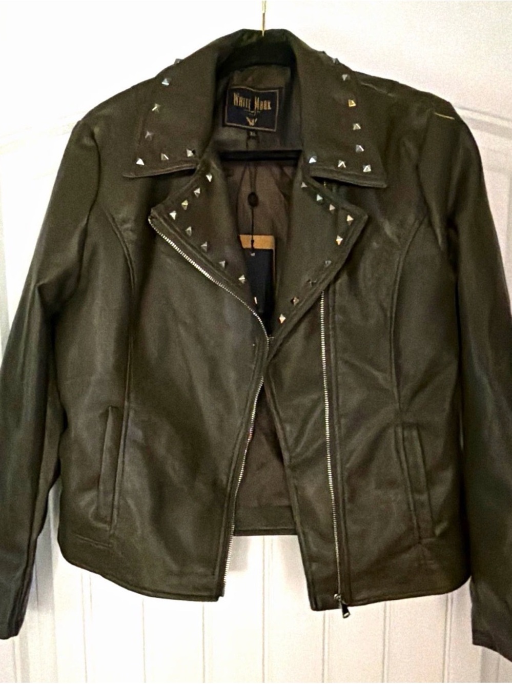 White Mark Olive Green Studded Leather Moto Jacket
